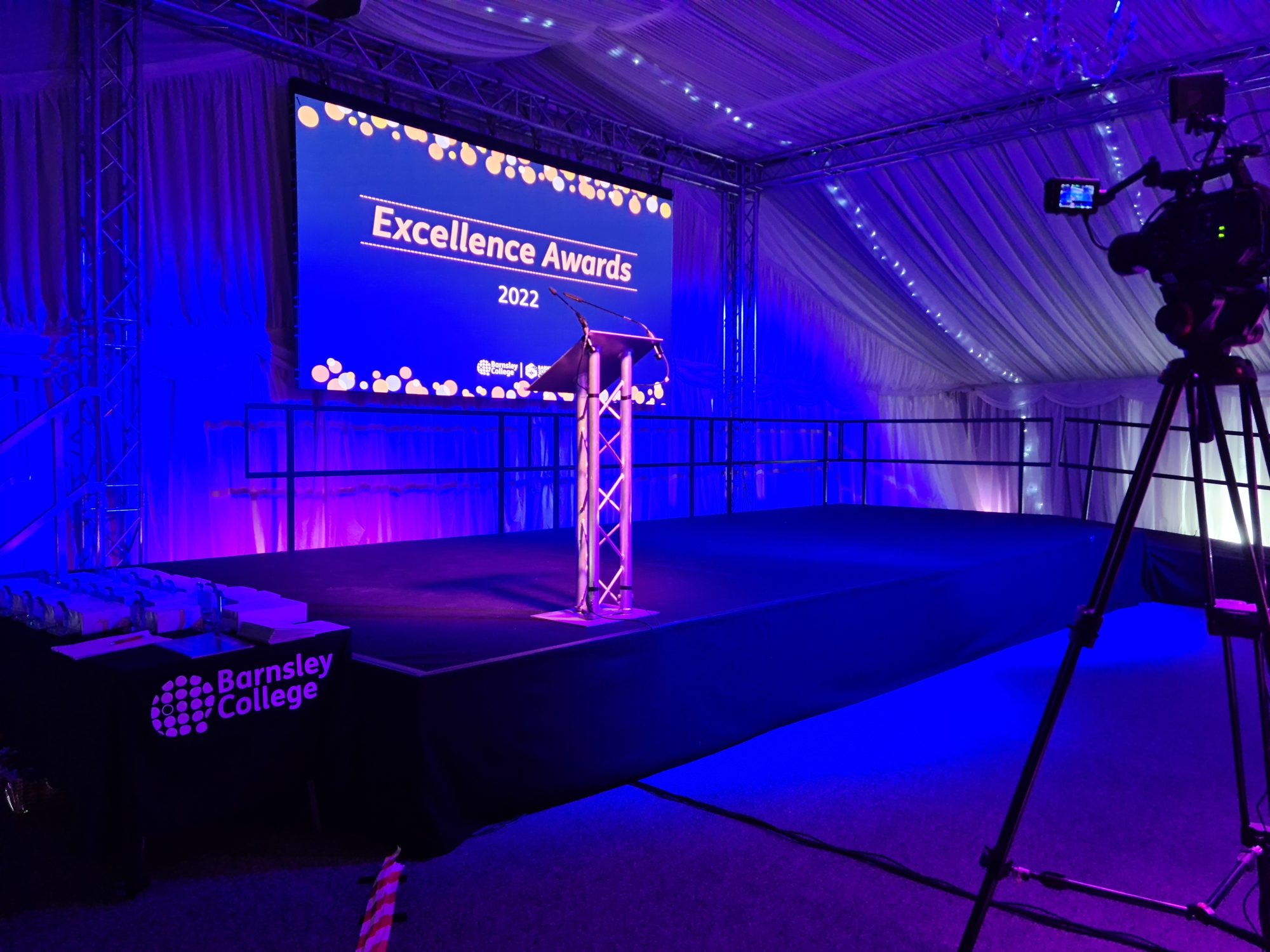 Awards night stage screen in a marquee